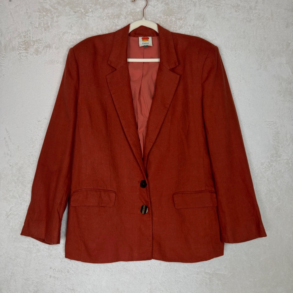 Farm Rio Womens Terracotta Orange 100% Linen Blazer Jacket Size Medium Oversized